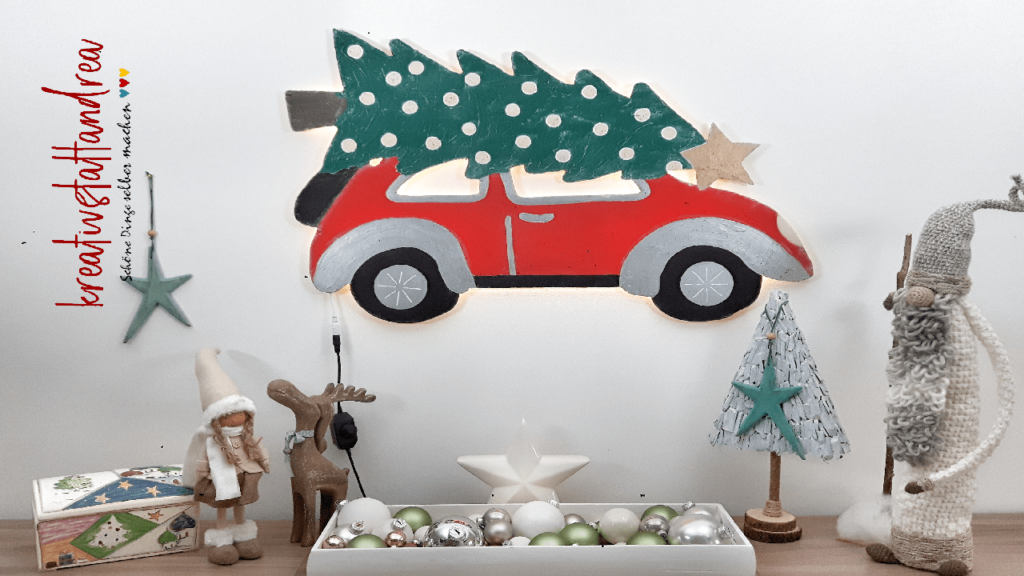 DIY Weihnachtsdeko für die Wand - Auto (Käfer) mit Tannenbaum