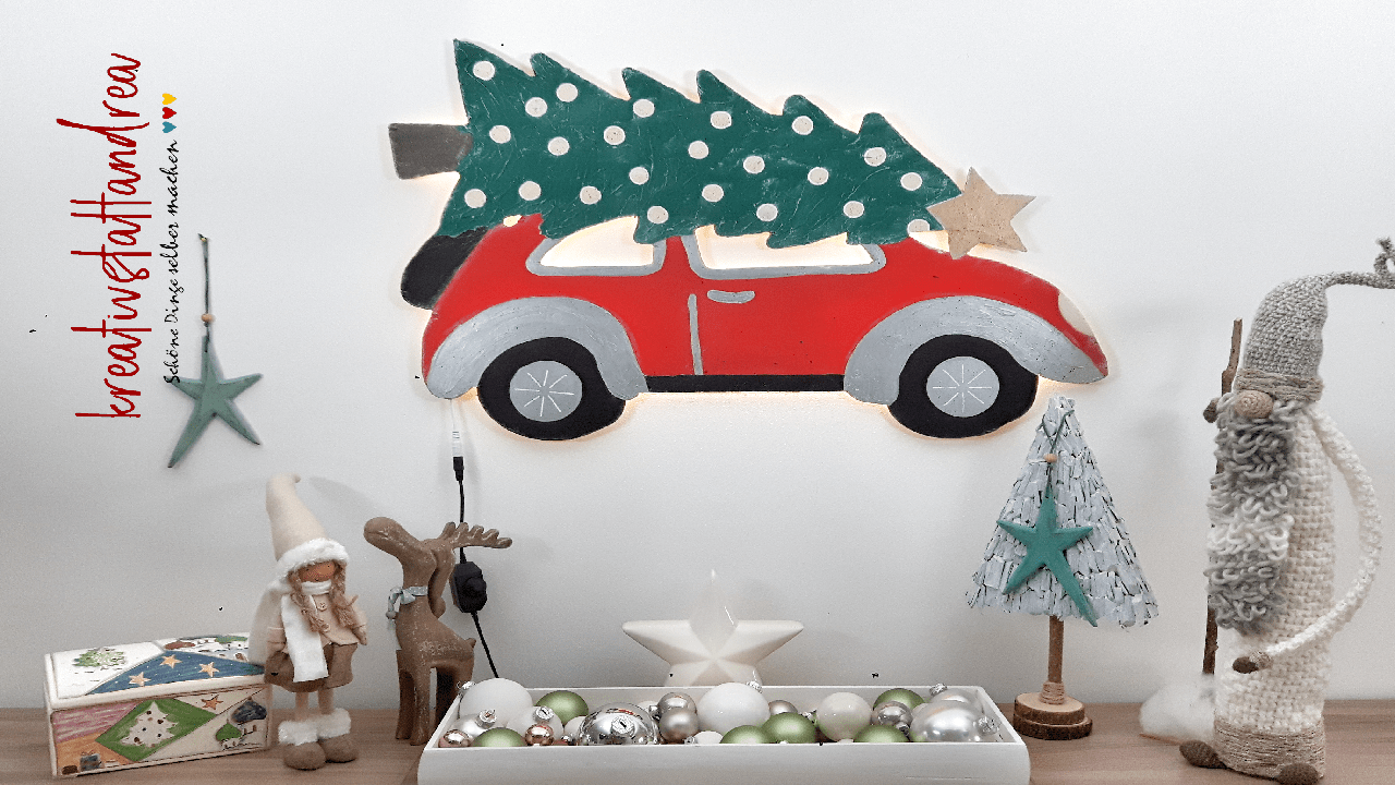 DIY Weihnachtsdeko für die Wand Auto (Käfer) mit Tannenbaum