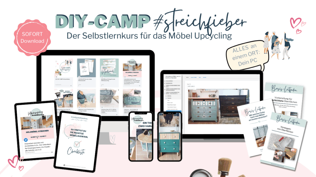 Bild zeigt die Module des Selbstlernkurses DY-Camp Streichfieber - Möbel streichen mit Kreidefarbe